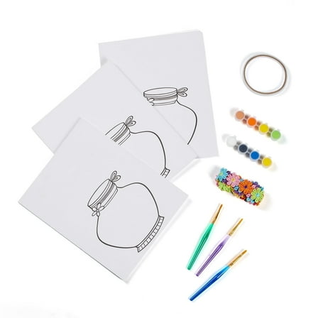 Artkey DIY Canvas Art Kit with Pre-Printed Patterns – 3 Paintable 8x10 inch Canvas Boards, 40 Tassel Flowers, 8 Acrylic Paints, 3 Brushes & Double-Sided Tape