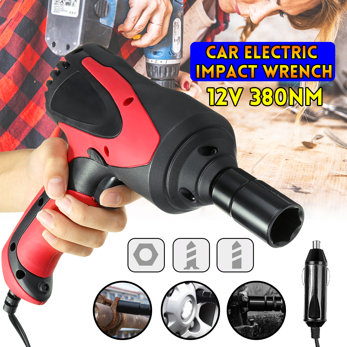 1/2" 380N.M 12V Electric Impact Wrench Gun Torque Tool w/Case 2 Sockets