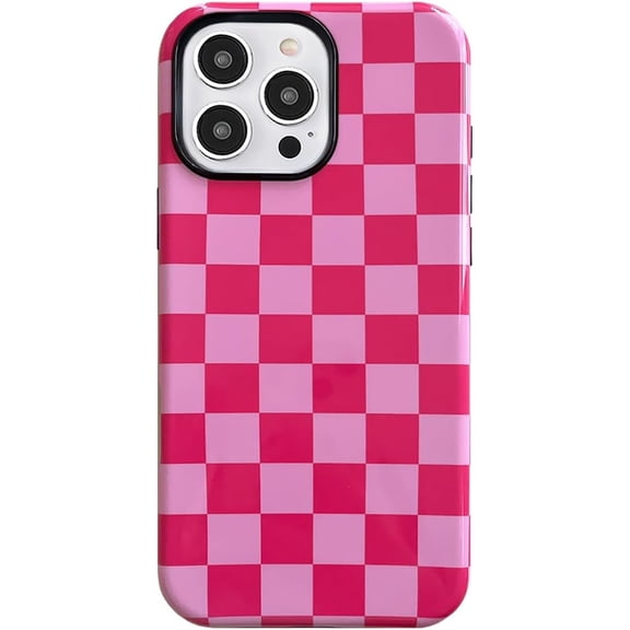 Pink Checkered Phone Case for iPhone 15, Cute Fahsion Aesthetic Colorful Checkerboard Design Trendy Slim Soft TPU and Hard PC Shockproof Cover for Women Girl (Pink)