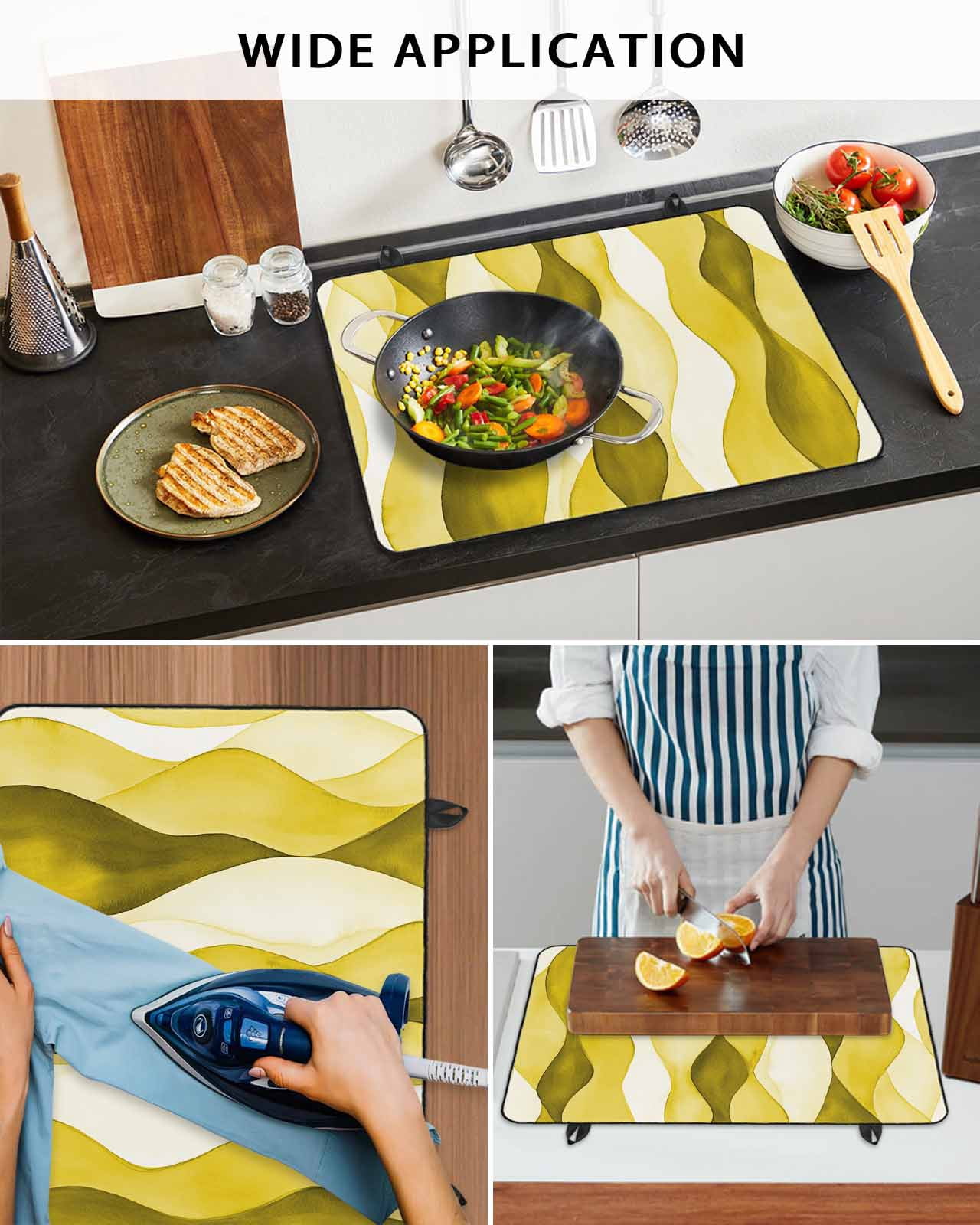 nqOlkjepod Large Induction Cooktop Protector Mat 24"x21", Yellow Stripes Stove Top Covers for Electric Stove, Retro Farmhouse Gradient Ripple Pattern Stove Burner Cover Mats, Glass Top Stove Cover