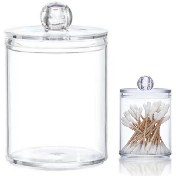 FUNNTY 2pcs Clear Jar Organizer,Q-tip Holder Dispenser for Cotton Ball, Cotton Swab, Cotton Round Pads, Floss Picks, Vanity Organizer (Clear)