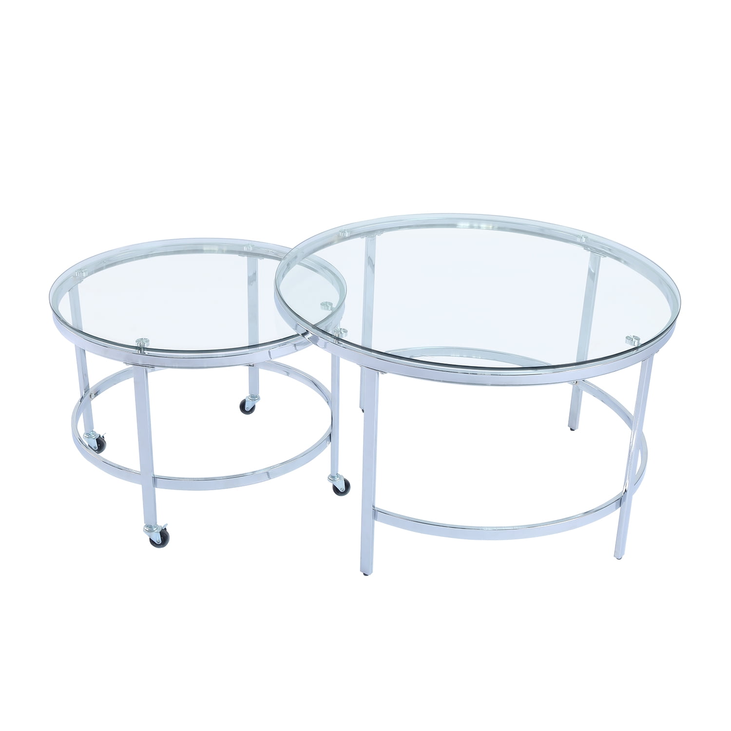 Kadyn Modern 2PCS Nesting Table Set，Transparent Glass End Table with Sliver frame, Iron Glass coffee table for Living Room, Silver
