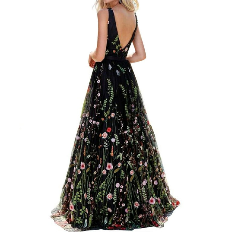 Floral Embroidered Tank Dress for Women Floor Length Sheer Mesh Wedding Guest Dresses Bride Shower Night Out Dress