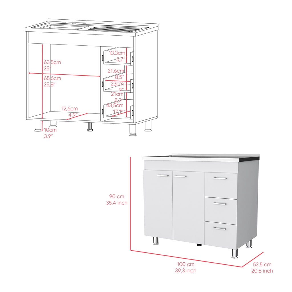 Izzovium Utility Sink Kisco Kitchen Cabinet with Two-Door & Three Drawers, 20.67"L x 39.37"W x 35.43"H, White Particle Board, Easy Assembly, Faucet Hole Included