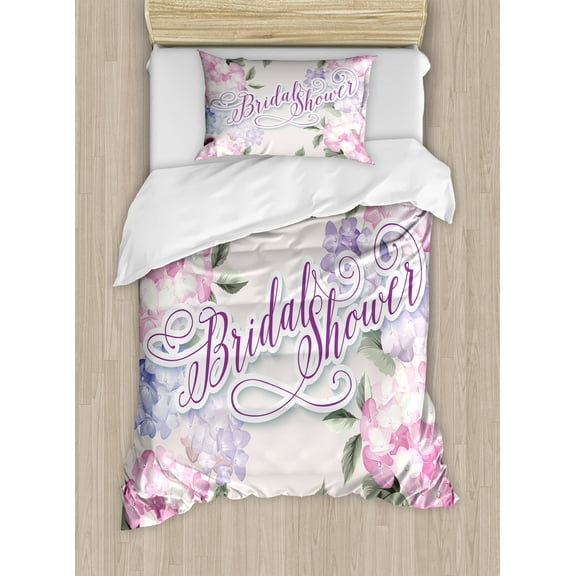 Bridal Shower Duvet Cover Set, Shabby Form Hydrangea Flowers Wedding Bride Celebration Image, Decorative 2 Piece Bedding Set with 1 Pillow Shams, Twin Size, Purple and Pale Pink, by Ambesonne