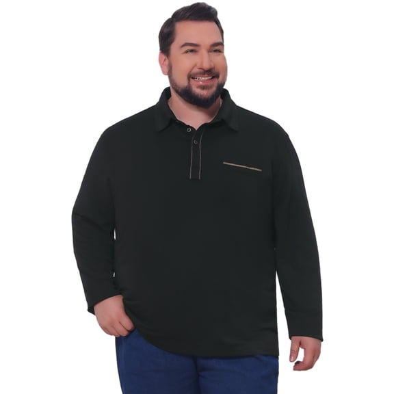 DARING DIVA Men's Big Tall Chest Pocket Long Sleeve Business Polo Shirt XL Black