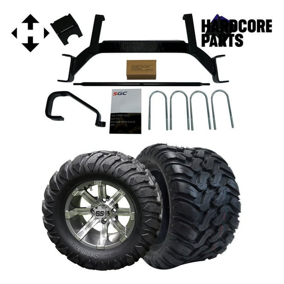 Hardcore Parts 6" Drop Axle Lift Kit for EZGO TXT/PDS (2001.5-2008) Gas Golf Cart with 12" Machined/Gunmetal 'Tempest' Wheels and 22"x11"-12"  DOT rated Mud-Terrain/All-Terrain tires