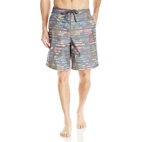 Speedo Mens Tropical Striped Swim Bottom Board Shorts, Grey, Small