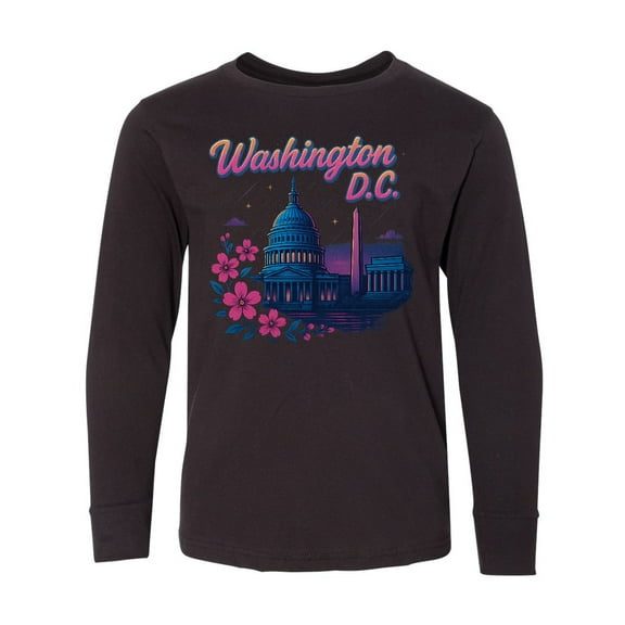 Inktastic Washington D.c. Skyline Cherry Blossoms Long Sleeve Youth T-Shirt
