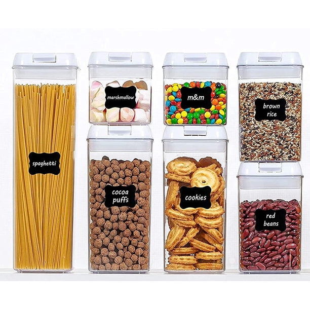 Juego de 7 recipientes para almacenar alimentos, de plástico transparente, para cereales y harina, con tapas fáciles de cerrar, para organizar y almacenar alimentos en la despensa de la cocina.