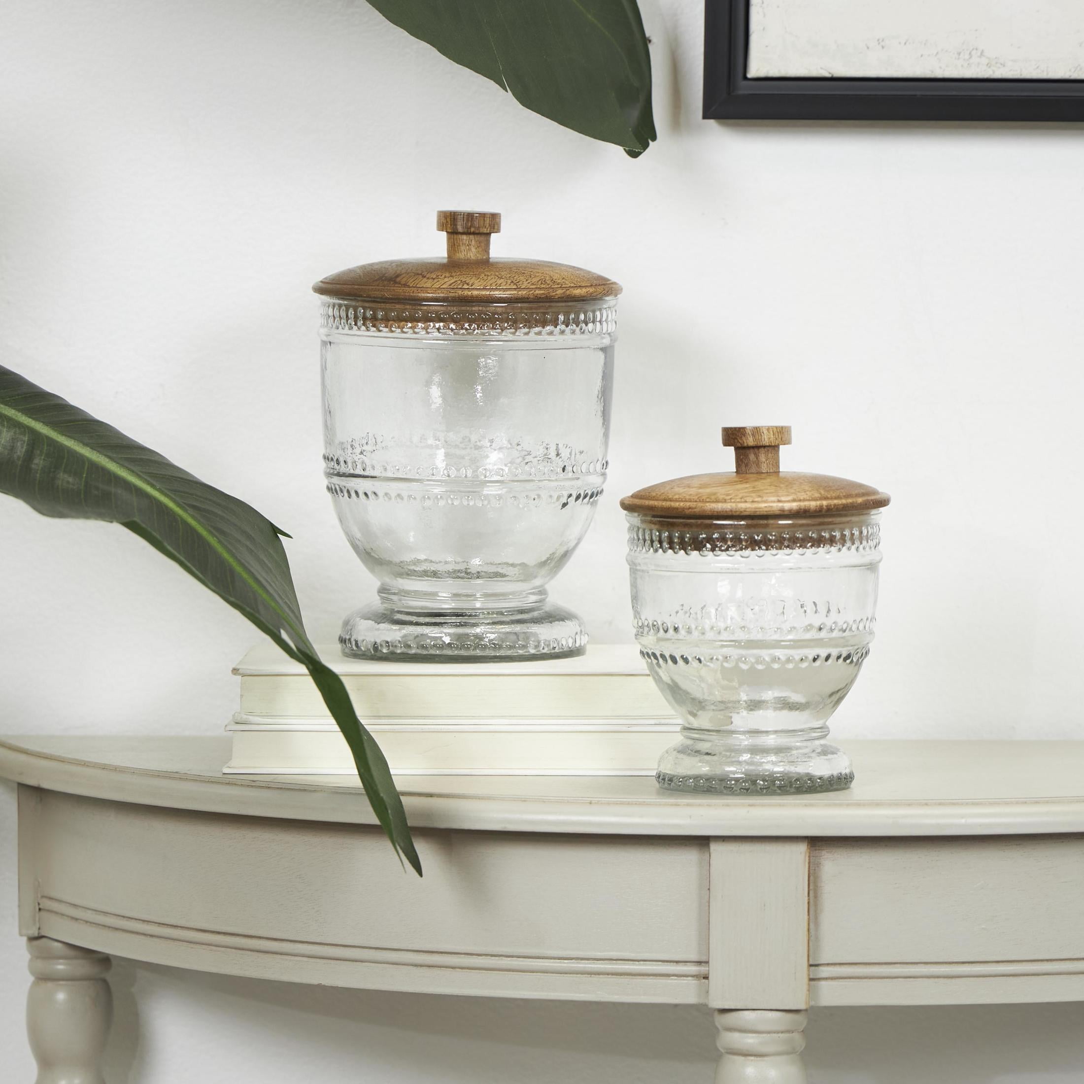 DecMode 8", 7"H Clear Glass Beaded Decorative Jars with Wood Lids, 2-Pieces
