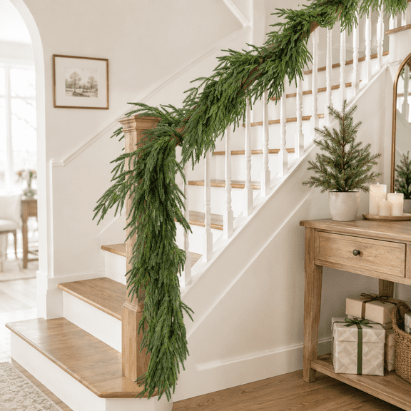 SORMAG Christmas Garland-2Pcs 6Ft Real Touch Norfolk Pine Garland for Fireplace, Mantle,Staircases,Door Frame Home Decor