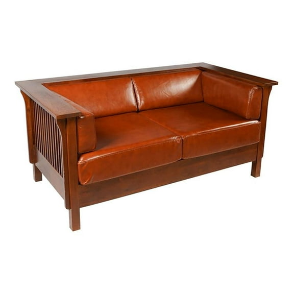 Pemberly Row Arts and Crafts Leather Slat Side Loveseat in Russet Brown