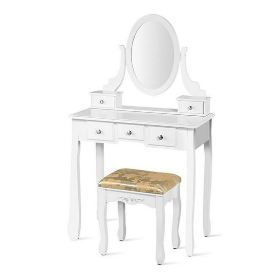 Pemberly Row MDF & Wood Vanity Dressing Table Set w/ Stool & Oval Mirror - White