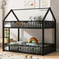 Bellemave Metal House Bunk Bed with Fence Guardrails and Ladder Twin over Twin Low Bunk Bed Frame Twin Floor Bunk Bed with Ladder (Black)