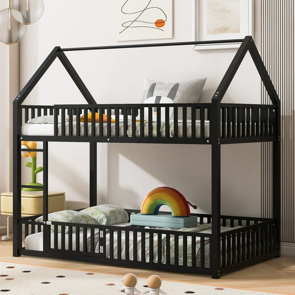 Bellemave Metal House Bunk Bed with Fence Guardrails and Ladder Twin over Twin Low Bunk Bed Frame Twin Floor Bunk Bed with Ladder (Black)