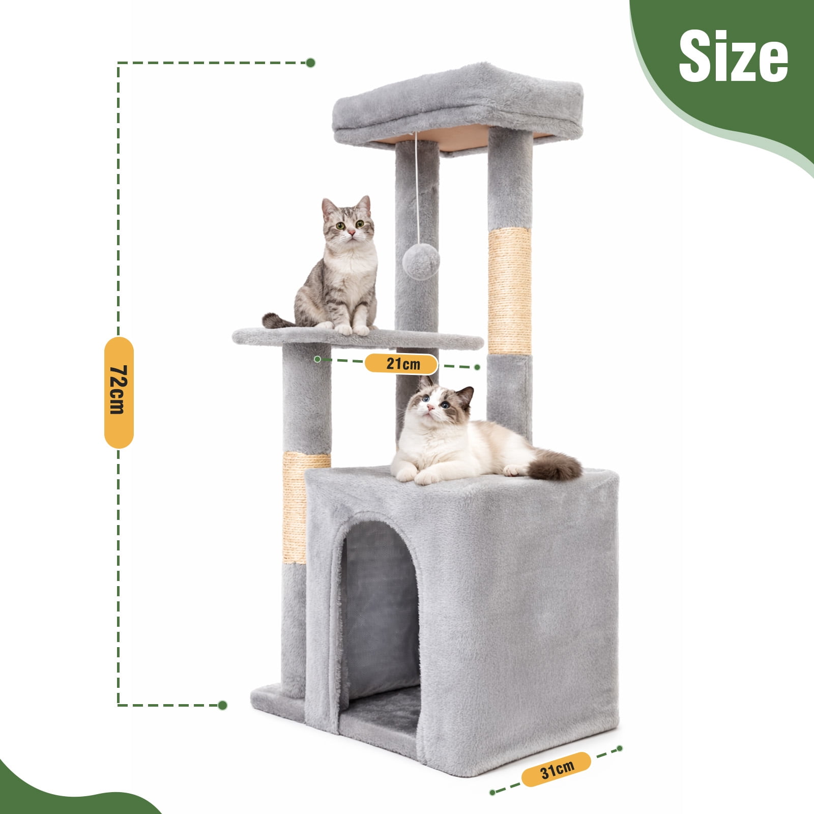 Samll Cat Tree, Multi-Level Cat Tree Tower with Sisal Scratching Posts, Condos, Plush Perches, Hanging Cat Toys, Light Gray