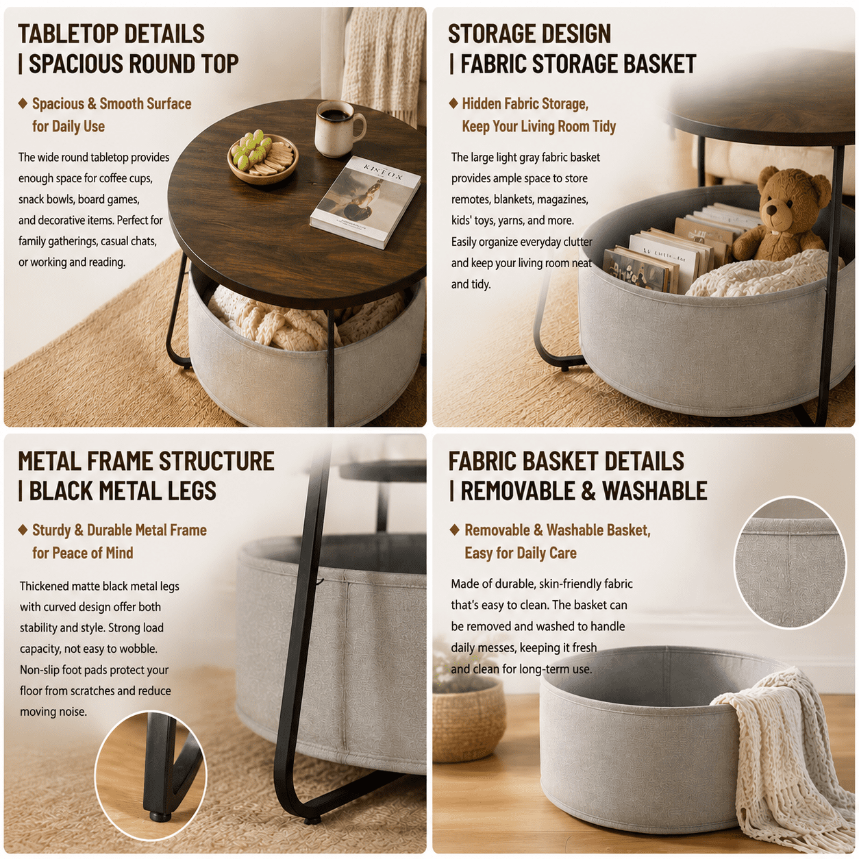 Manora Round Basket Coffee Table, Small Center Table for Living Room Home Office, Black & Brown