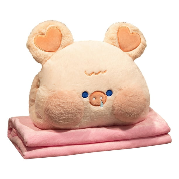 Juego de almohadas con manta de viaje de animales de peluche, almohada suave de felpa para abrazar, lindo juguete de peluche con diseño de calentador de manos para viajes, hogar, oficina, cerdo