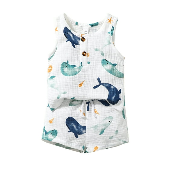3 Months Baby Boys Outfits 6 Months Boys 2PCS Summer Short Sets Infant Boys Sleeveless Dolphin Print Top Shorts Set White