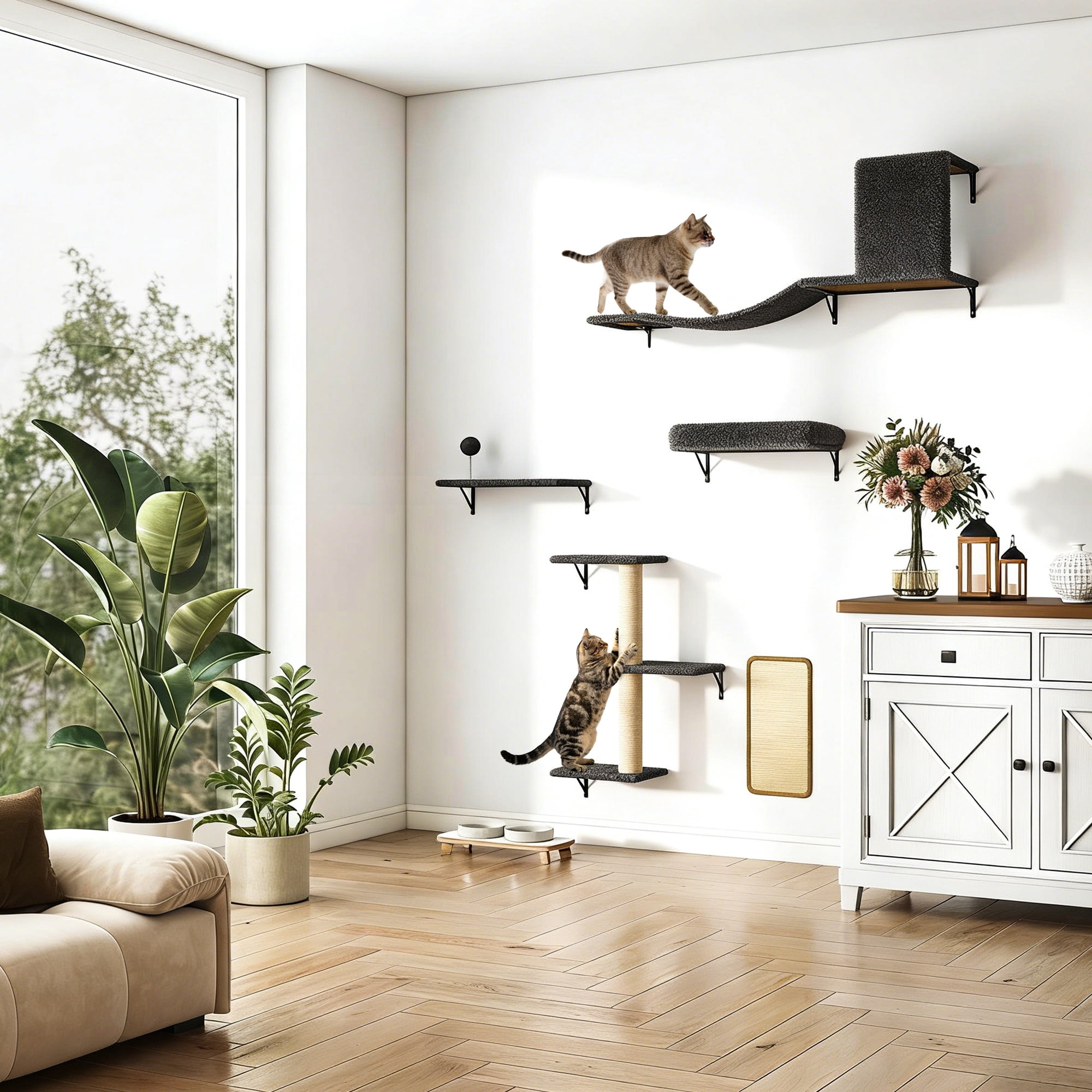 COZIWOW Cat Wall Shelves Set, 5-Piece Wall Mounted Cat Furniture with Cat Tree & Scratching Post(Grey)