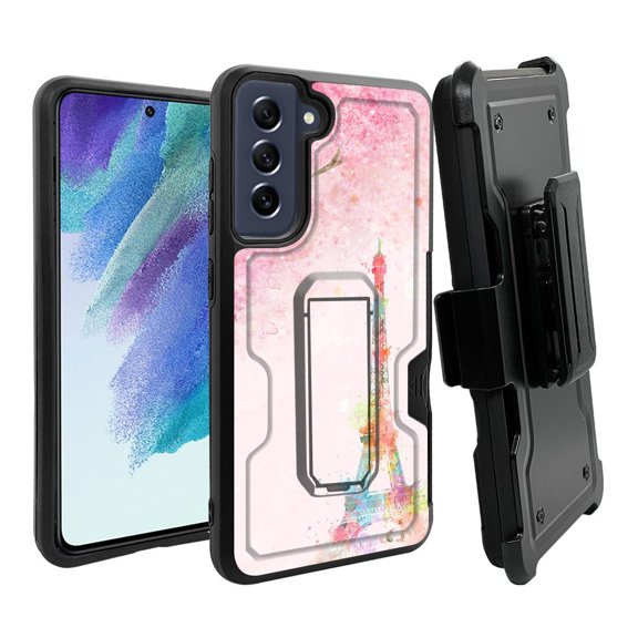 ANJ  Rugged Dual Layer Hybrid Holster Kickstand Case w/ Card Slot   Tempered Glass Cover for Samsung Galaxy S21 FE 5G - Pink Blossom Eiffel