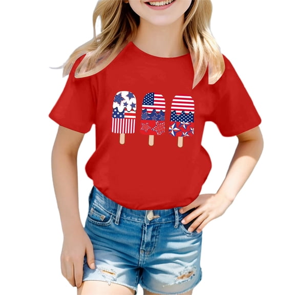 Confree Girls 4Th Of July T-Shirt Independence Day Flag Print Patriotic Graphic Short Sleeve Tees Cute Casual Summer Toddler Kids Blouse Size 7-8 Years Red