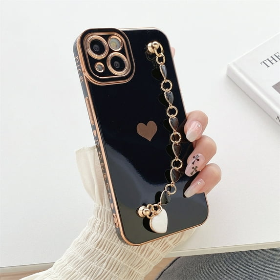 TECH CIRCLE Phone Cover for iPhone 14 Pro Max 6.7" 2022, Love Heart Chain Hand Wrist Strap Full Camera Protection Electroplated Silicone Shock Absorption Luxury Case Cover for Apple 14ProMax, Black