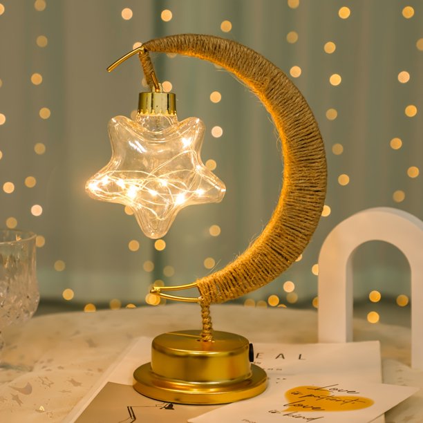 1pc Lámpara de Arte en Hierro con Cuerda de Cáñamo y Estrella y Luna LED Adecuada para Fiestas Festivas, Luz de Mesa para Dormitorio Hogareño Modelando Ambiente,
