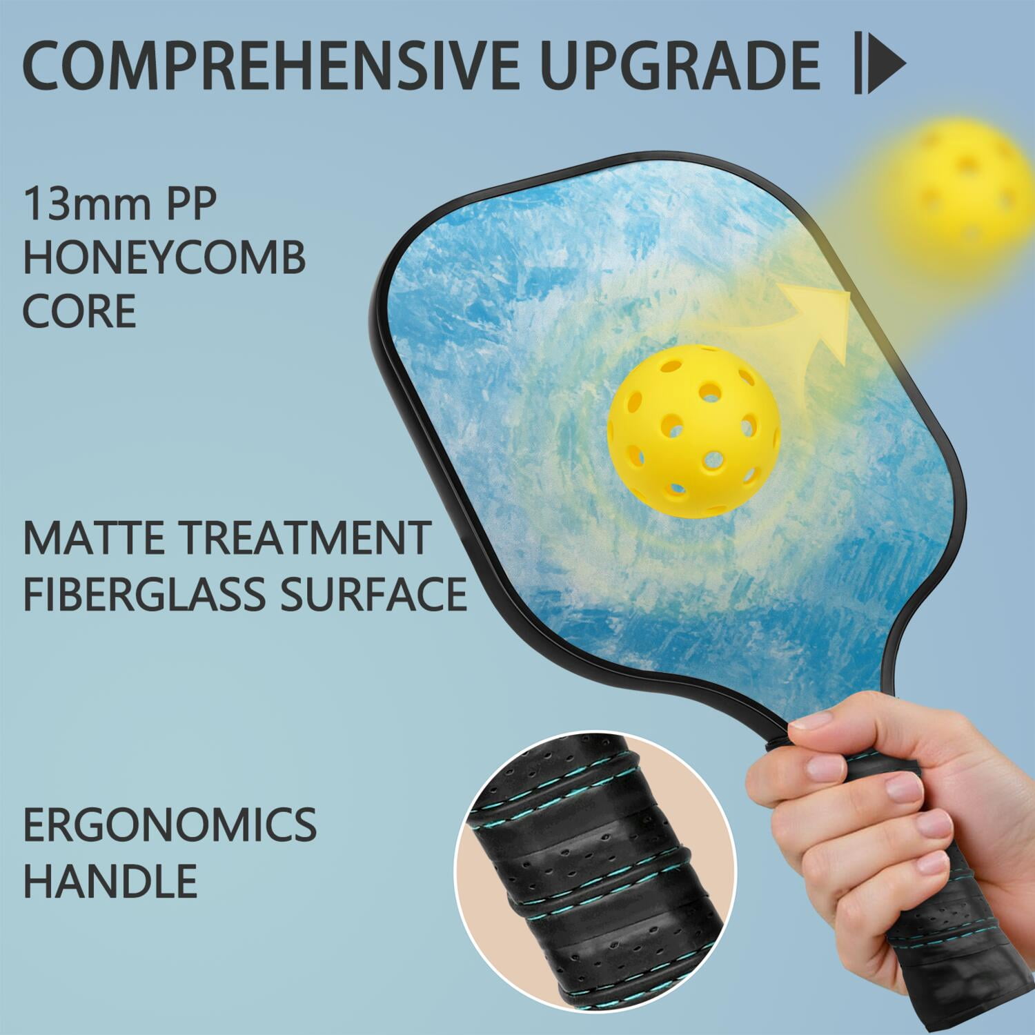 Pickleball Paddles Set Of 1, Fiberglass Surface, Ice Crystal Print, 1 Paddle, 2 Balls & Bag