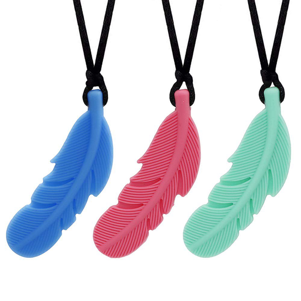 Baby Nursing or Special Need Sensory Oral Motor Aids Chew Necklace for Kids Boys and Girls ADHD Reduce Biting Crying and Fidgeting for Autism 3 Pack Silicone Feather Teether toys for Mild Chewers 