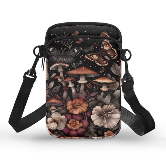 HELLHERO Mushroom and Butterfly Pattern Design Messenger Bag Adjustable Shoulder Strap Polyester Adults 4.33x1.97x7.09 for Travel