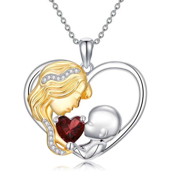 AOBOCO Diamond Heart Birthstone Necklace for Women 925 Sterling Silver Mother Heart Necklace with 12 Birthstone Mother's Day Birthday Gifts for Mom Wife
