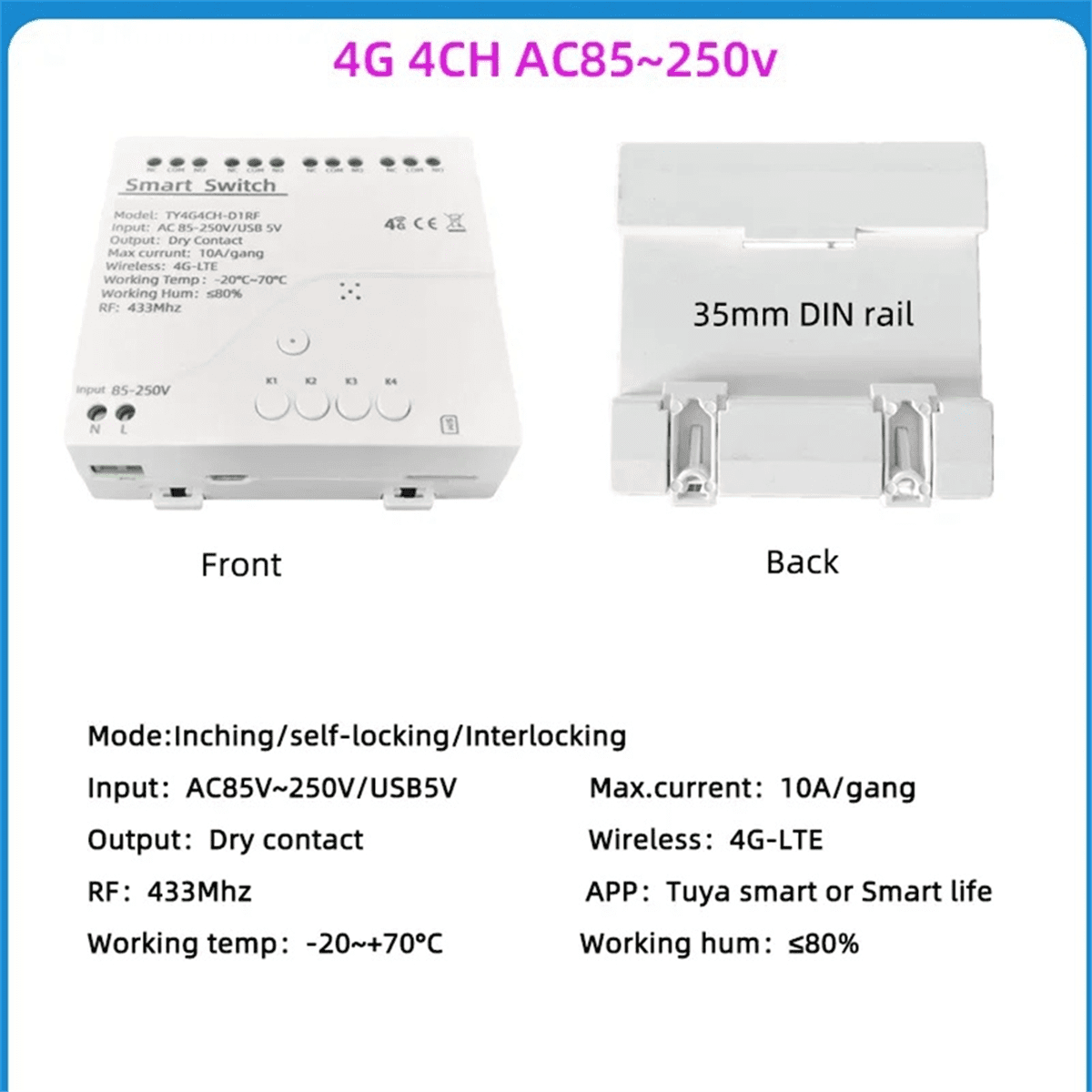 Tuya Smart Switch 4G LTE Relay with 433Mhz Smart GSM Switch APP Wireless Control 4G 4CH Remove Controller AC 85-250V,1 x Smart Switch,White