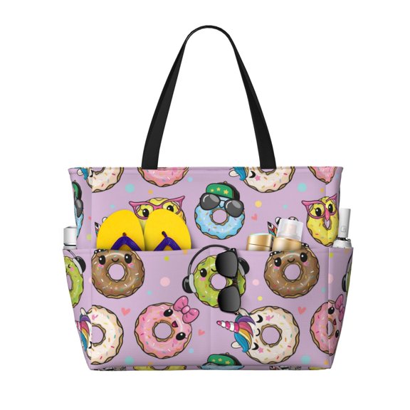 KLL Cute Donuts Print Large Beach Tote Bag Women Waterproof Sandproof Zipper Beach Tote Bag for Pool Gym Grocery Travel with Wet Pocket