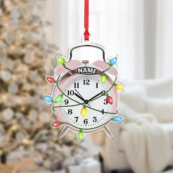 Personalized Vintage Alarm Clock Acrylic Christmas Ornament with Lights Custom Name Retro Timepiece Holiday Tree Decor, Unique Home Keepsake Gift