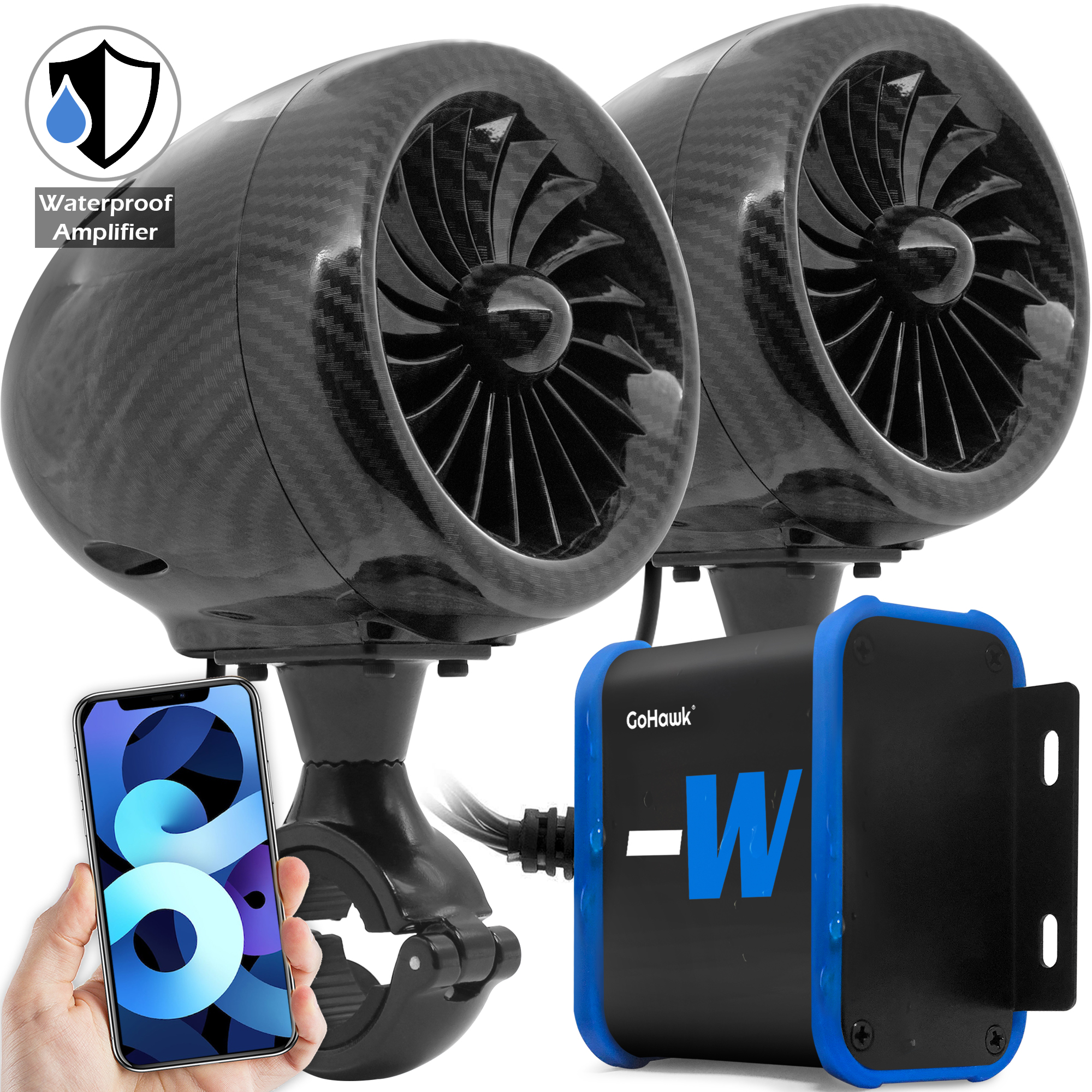 GoHawk TJ4-W Waterproof Amplifier 4" Motorcycle Bluetooth Stereo Speakers Handlebar Mount Audio Amplifier System Harley ATV 4-Wheeler USB FM Radio