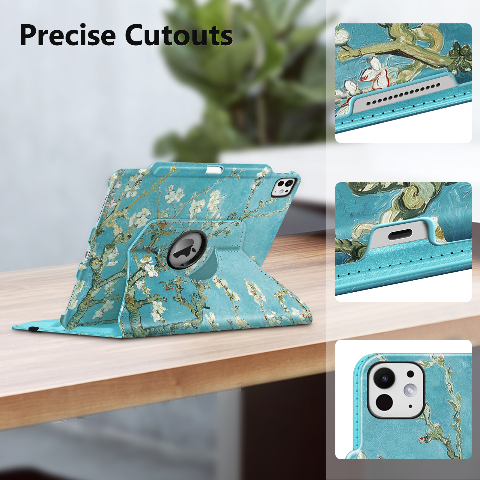 Fintie Rotating Case for iPad Pro 13-inch M4 Chip 2024 Release, 360 Degree Swiveling Protective Stand Cover with Pencil Holder, blossom