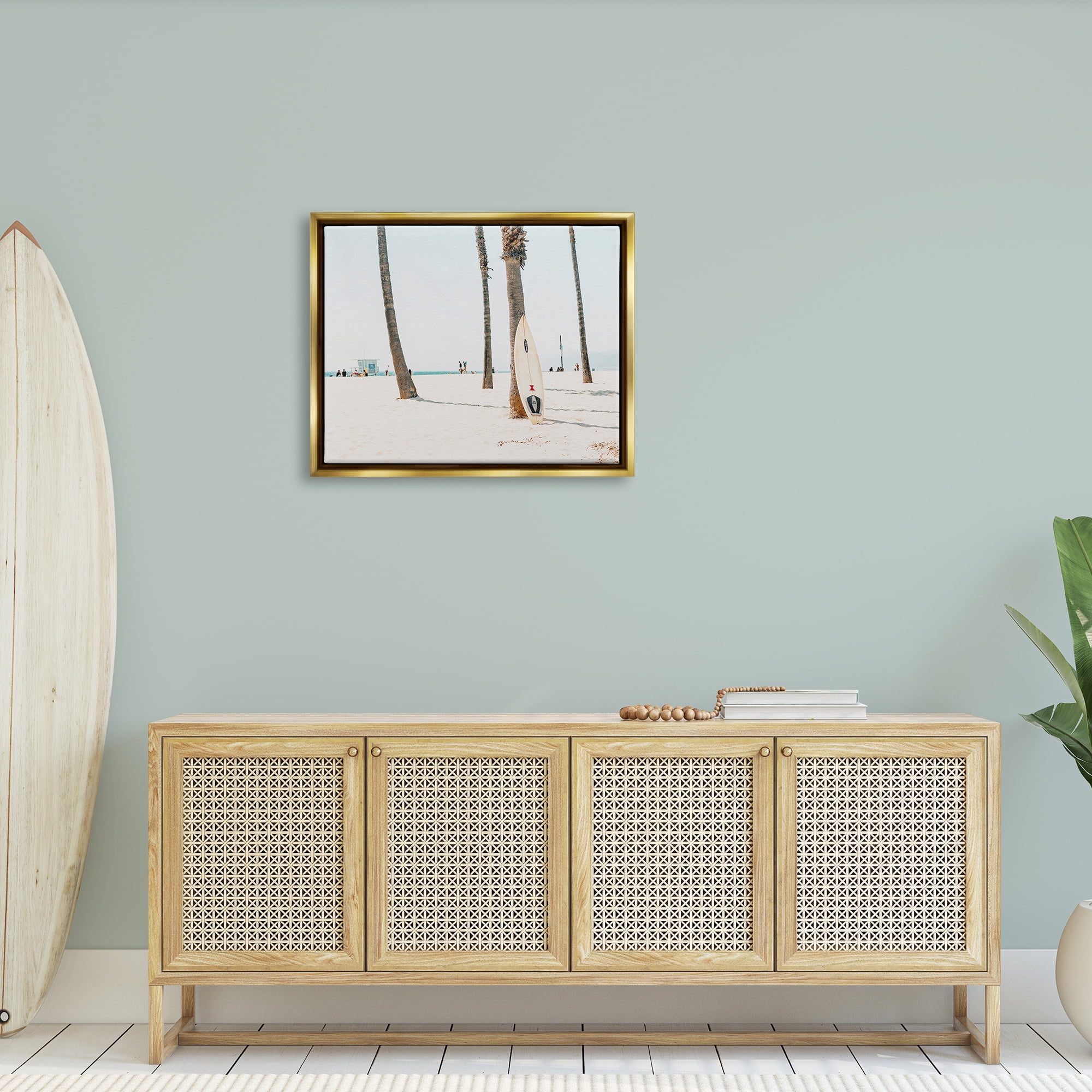 Stupell Surfboard Leaning Tropical Palm Trees Landscape Photography Gold Floater Framed Art Print Wall Art