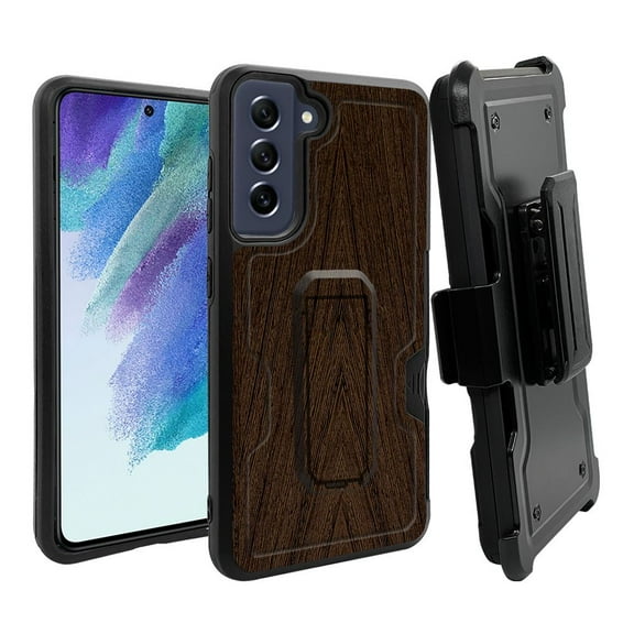 ANJ  Rugged Dual Layer Hybrid Holster Kickstand Case w/ Card Slot   Tempered Glass Cover for Samsung Galaxy S21 FE 5G - Hard Wood Pattern