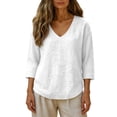 thumbnail image 2 of Oiangi Womens 3/4 Sleeve Blouses V Neck Textured Gauze Shirts Casual Summer Plain Tops White M, 2 of 5