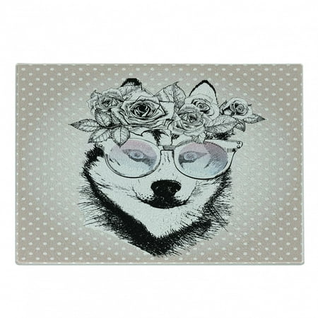 

Alaskan Malamute Cutting Board Vintage Polka Dots Dog Wearing Floral Wreath and Sunglasses Decorative Tempered Glass Cutting and Serving Board Small Size Warm Taupe Black White by Ambesonne