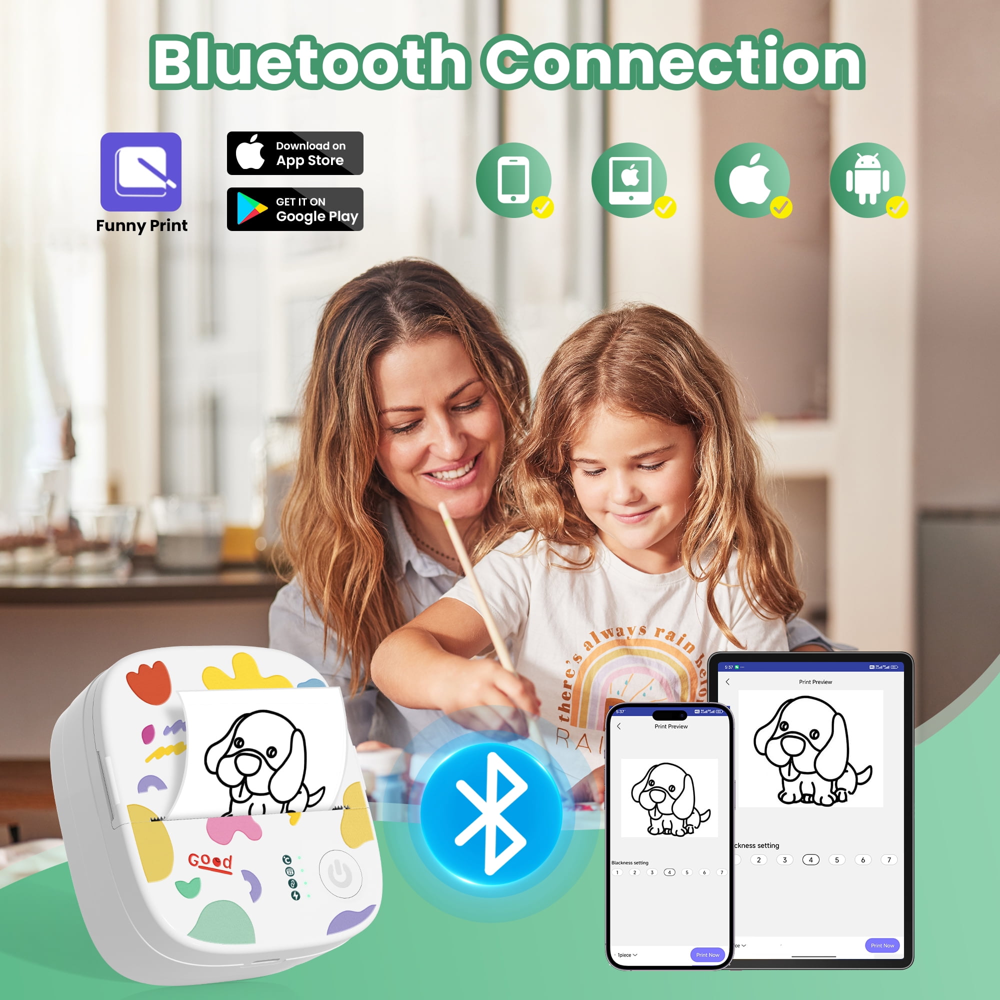 Mini Portable Sticker Printer XenGro, Mini Thermal Printer with 4 Rolls Paper, Bluetooth Inkless Printpods, Pocket Label Maker Suitable for Creative Kids DIY, Diaries, Photos, Study Notes