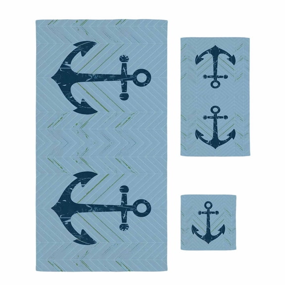 Bath Towels Set of 3 Blue Nautical Anchor Bath Towel Hand Towel Washcloth Soft Absorbent Quick Dry Coastal Lines Towel Sets for Bathroom Kitchen Beach Pool Gym Hotel Spa