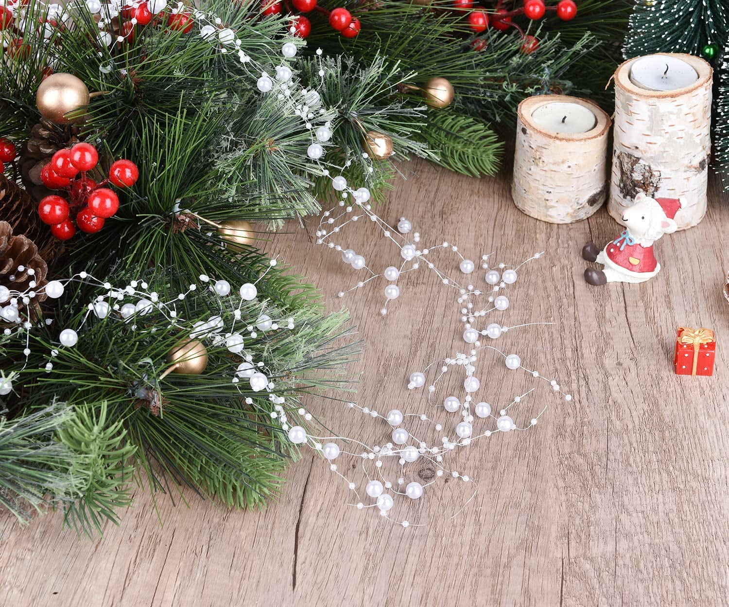 LONGRV 2 Pcs Christmas bead garland, Xmas Tree Beads Faux Beaded Garland  for Christmas Tree,Fireplace Mantel Railing Decoration (White) 