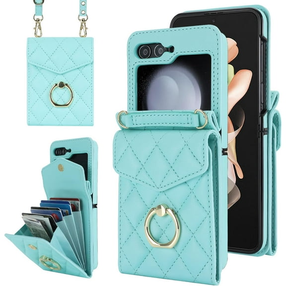 Phone Case for Samsung Galaxy Z Flip 5 5G 2023 Wallet Cover with RFID Blocking Ring Crossbody Wrist Strap Stand Credit Card Holder Cell Accessories ZFlip5 Z5 G Flip5 5Z Women Men Girls Teal