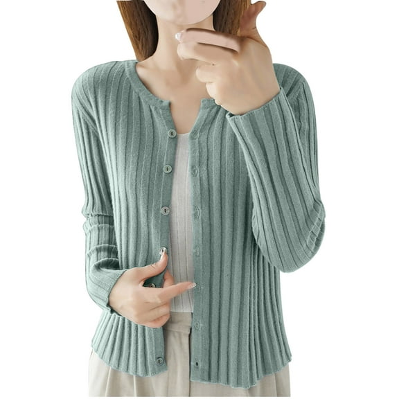 Fmbrln Womens Long Sleeve Cropped Knitted Cardigan Sweaters Fall Fashion Crew Neck Button Solid Color Shirts Casual Loose Comfy Jacket Green XL