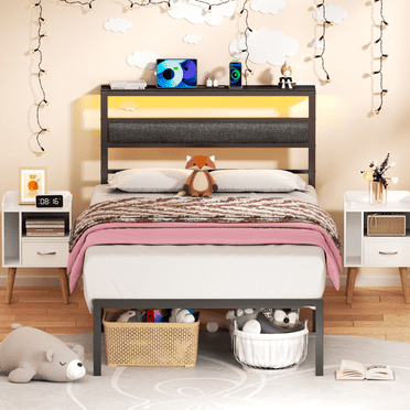 Satifur Twin Size Bed Frame with Upholstered Headboard & Shelf, LED Lights & USB Charging Station, Metal Black