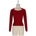 thumbnail image 6 of XPMWRP Women's Solid Color Sweaters Fall Fashion Ribbed Long Sleeve Lightweight Knit Square Neck Tops Cute and Trendy Outfits Red XL, 6 of 8
