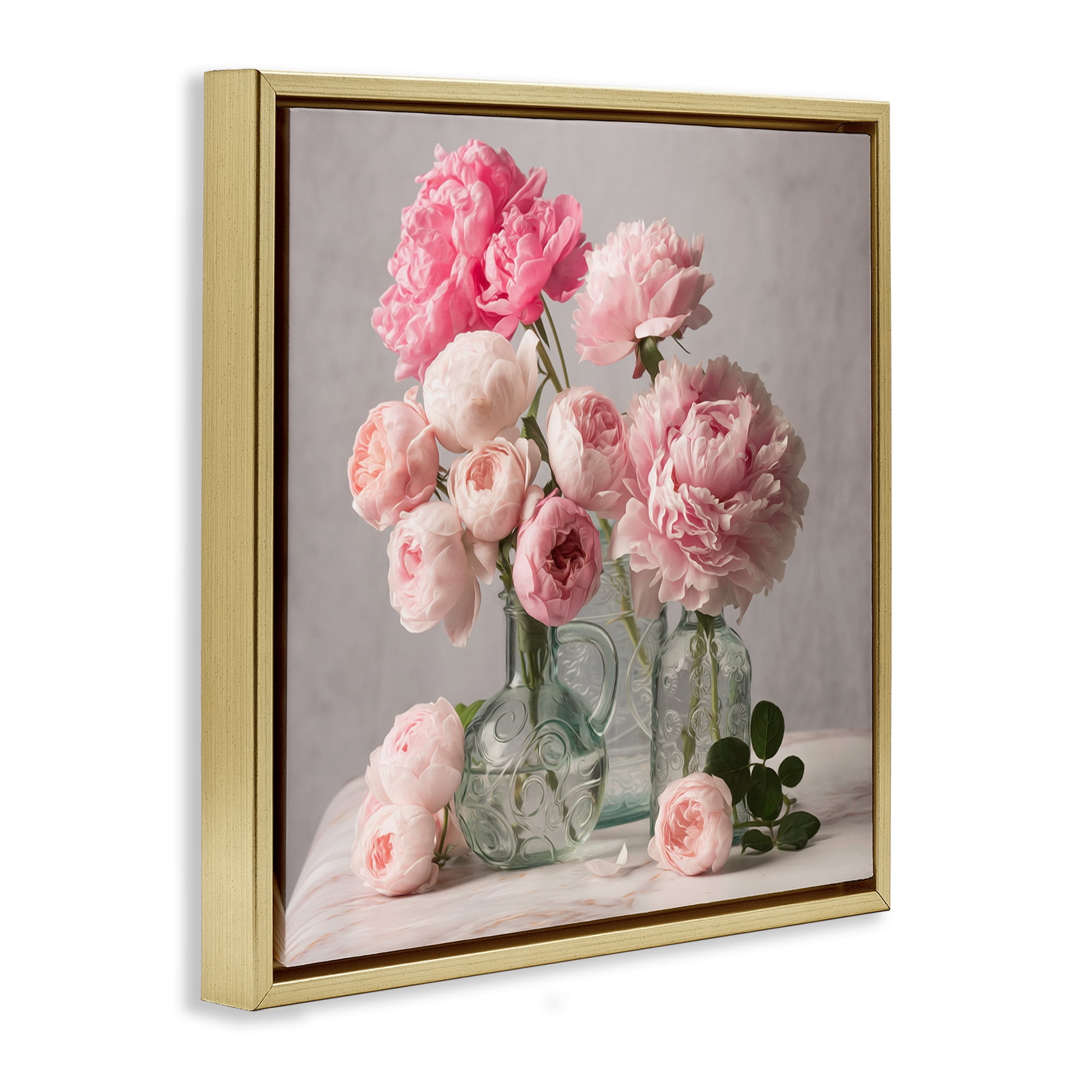 Stupell Industries Rose & Peony Duet Plants & Flowers Painting Gold Floater Framed Canvas Art Print Wall Art, 18 x 18